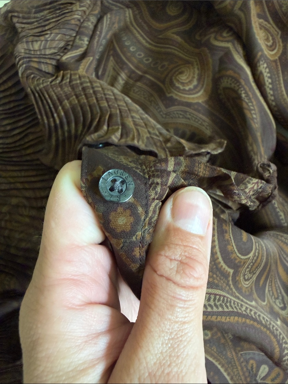 Ralph Lauren 100% silk Ruffled Paisley Long-Sleeve Blouse - Brown size large - Picture 11 of 11
